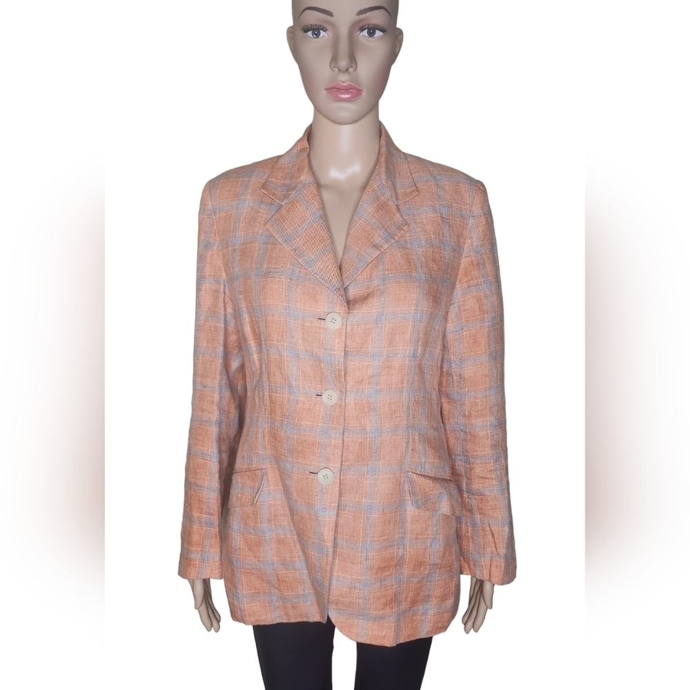Dara Lamb vintage women's cream blue wool plaid academia office blazer jacket 12